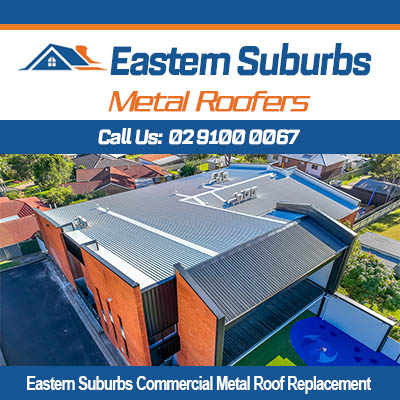 Aerial view of commercial metal roof replacement in Eastern Suburbs